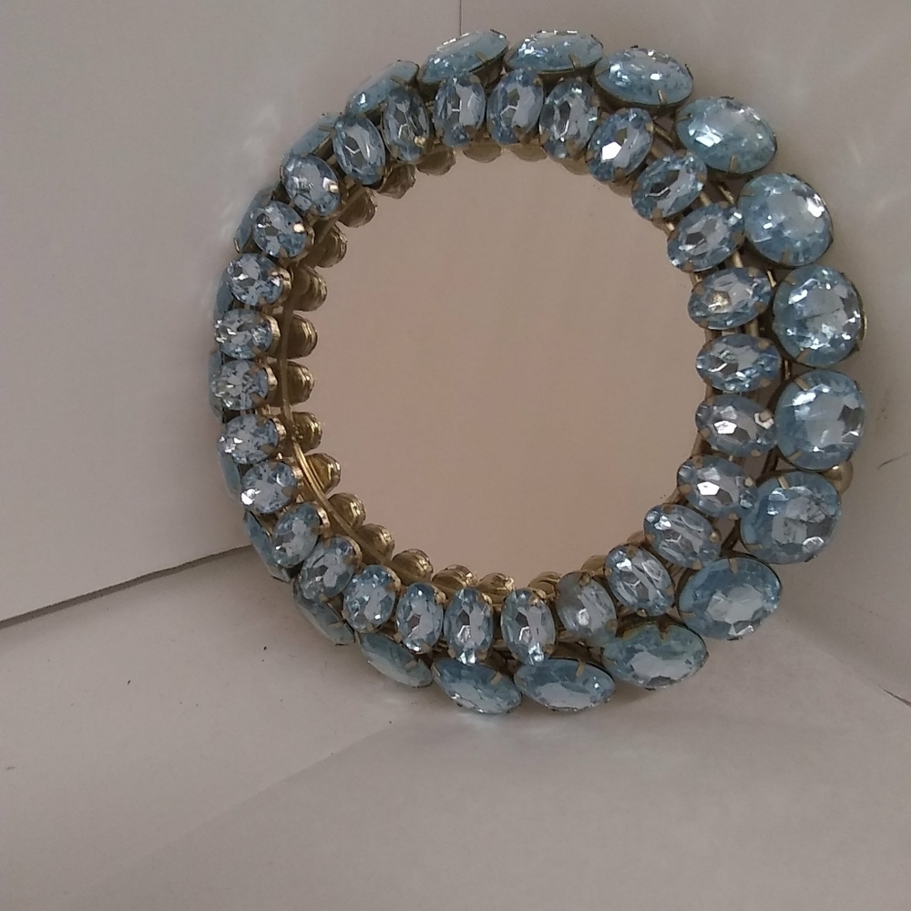 RARE  Oval Lampe Berge Stand Mirror Framed Aquamarine Blue Topazl Rhinestone  5"